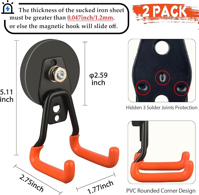 ULIBERMAGNET New Upgraded Heavy Duty Magnetic Garage Hooks,2 Pack Strong Large Magnet Hooks for Power Drill,Garden Tools,Hose,Pegboard,Garage, Workshop,Magnetic Storage Hook for Hanging(Orange)