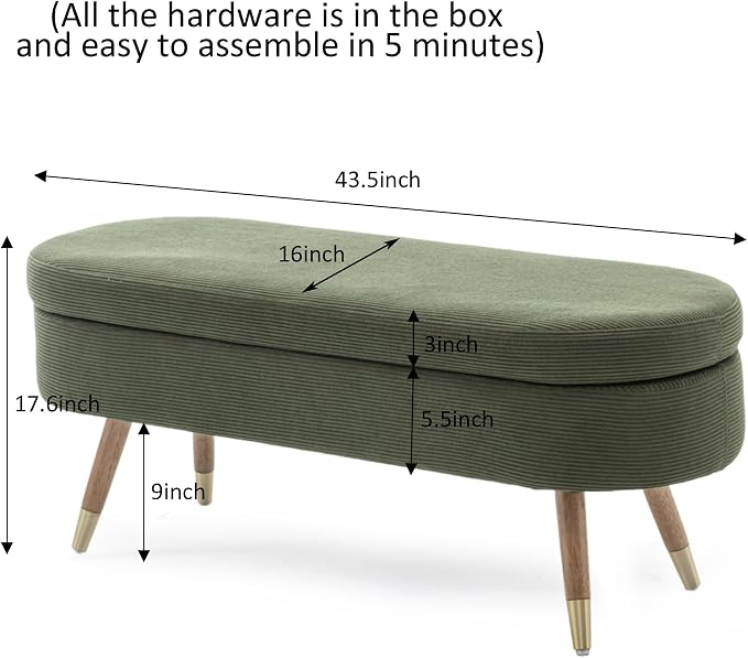 IAFIKE Oval Storage Bench 43.5" Ottoman Bench Upholstered Boucle Fabric Footrest Bench with Golden Metal Legs End of Bed for Bedroom, Living Room, Entryway,Bed Side (Dark Green)