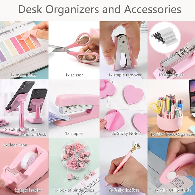 Pink Office Supplies,Desk Accessories,Desk Organizer,Phone Stand,Scissors,Stapler,Tape Dispenser,Binder clips,Staples,staple remover,Sticky Notes,Index Tabs,Clear Tape,Mini Box Cutter,Cool Pen 16pcs