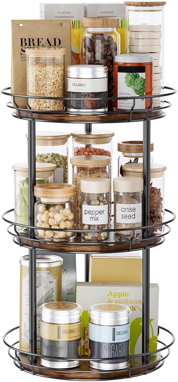 LAMU 12'' Lazy Susan Turntable Organizer, 3 Tier Round Rotating Spice Rack Organization for Kitchen Cabinet and Countertop, Wooden Lazy Susan for Table Top, Pantry, Bathroom, Vanity, Home Decor