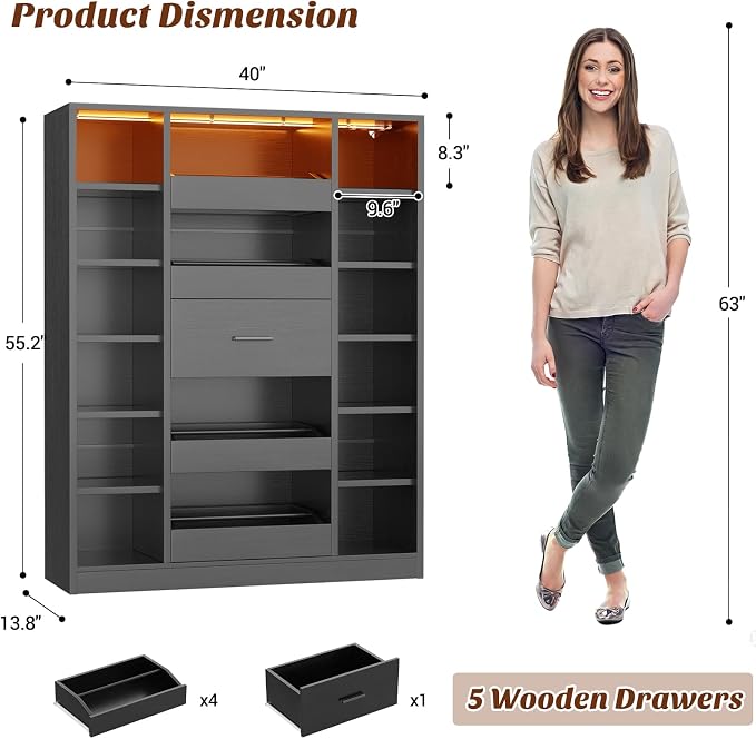 Besiost Shoe Cabinet with 12 Shelves & 5 Drawers, Wood Shoe Rack with Light | Holds Up to 30+ Pairs of Shoes, Vertical 40" W Shoe Storage Cabinet for Entryway, Hallway, Walk-In Closets, Black