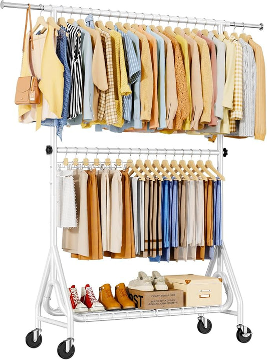 Heavy Duty Clothes Rack for Hanging Clothes, Double Rods Clothing Rack with Lockable Wheels, Rolling Garment Racks with Shelf, Easy to Assemble, White