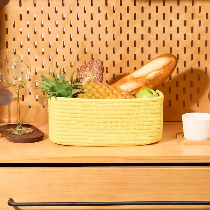 MiniArk Small Storage Baskets for Organizing | Closet Organizer Bins | Shelf Toy Basket | Woven Rope Baskets | Cube Decorative Box | Shallow Basket | 11.5x7.5x4.7” | 4 Packs Yellow