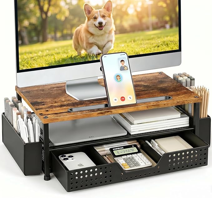 Desk Organizer and Accessories, 2-Tier Computer Monitor Stand Rise with Phone Holder, Drawer & 2 Pen Holders, Laptop & Printer Stand for Desktop, Workspace Organizers for Office Supplies (Brown Wood)