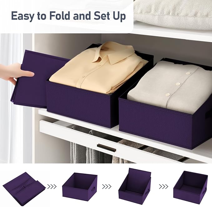 DIMJ Closet Storage Bins 6 Pack - Fabric Storage Baskets for Shelves, Collapsible Clothes Organizer, Trapezoid Shelf Organization Storage Cubes for Purse, Toys, Books, Towel, Clothes, Purple
