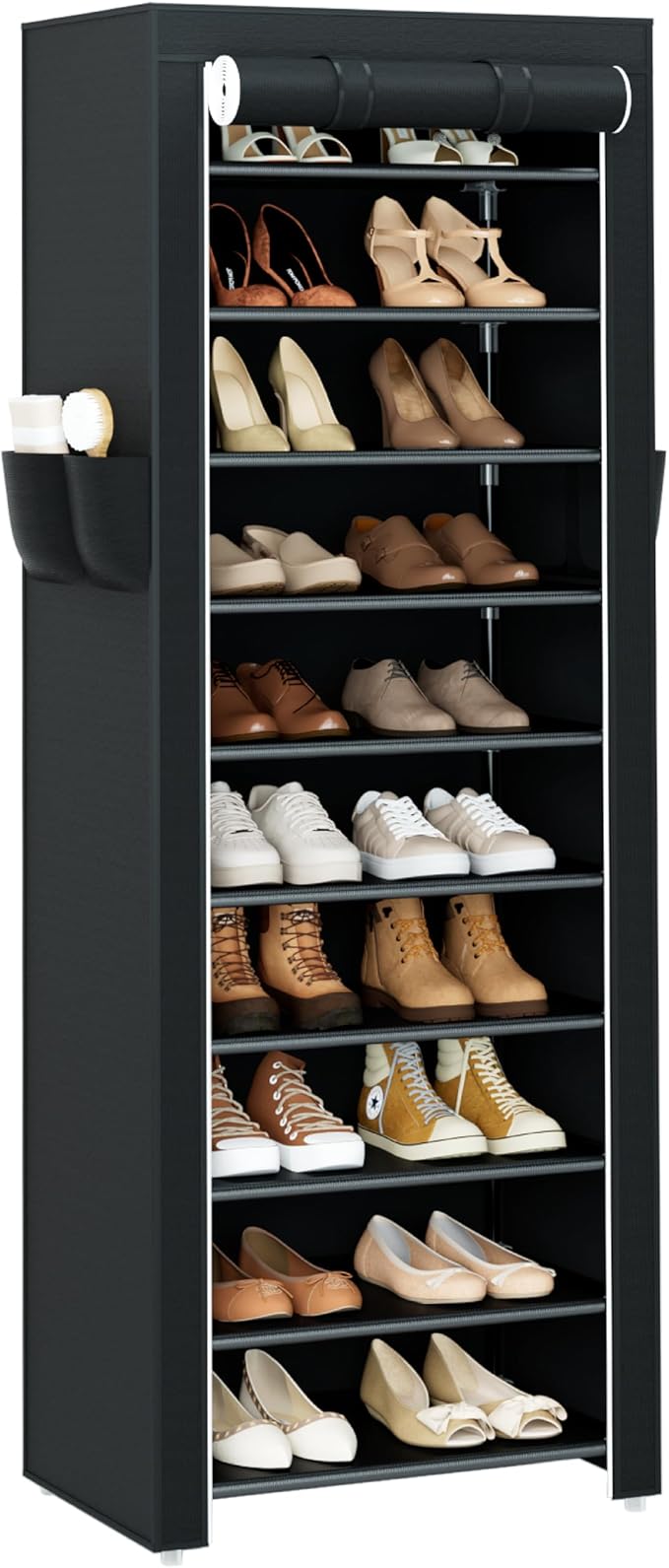 CASAMAYA Shoe Rack with Covers, 10 Tiers Tall Shoe Rack Organizer, Large Capacity Shoe Shelf Storage, Hold 20 Pairs of Shoes, Vertical Shoe Storage Organizer for Closet, Entryway, Black, SRT102B01