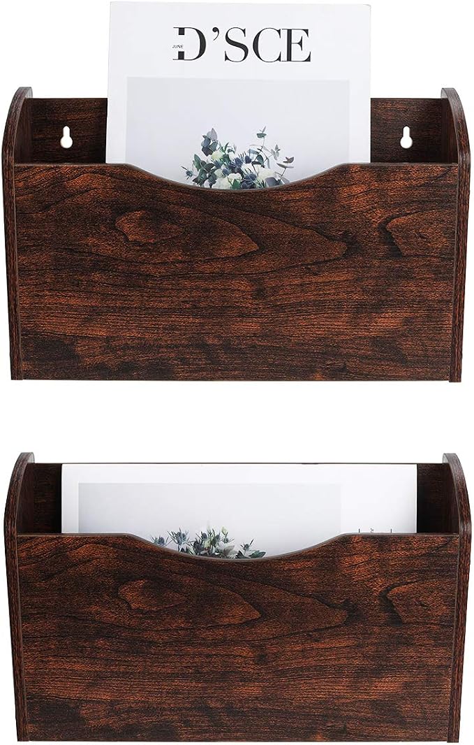 PAG Wall File Holder Wall Mounted Wood Hanging File Organizer for Office, 2 Pockets, Brown