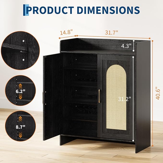 Garvee Shoe Cabinet Storage for Entryway, Rattan Storage Cabinet, Wooden Shoe Rack with 2 Doors, Farmhouse Boho Wood Shoe Organizer Cabinet for Entrance Hallway Living Room Foyer