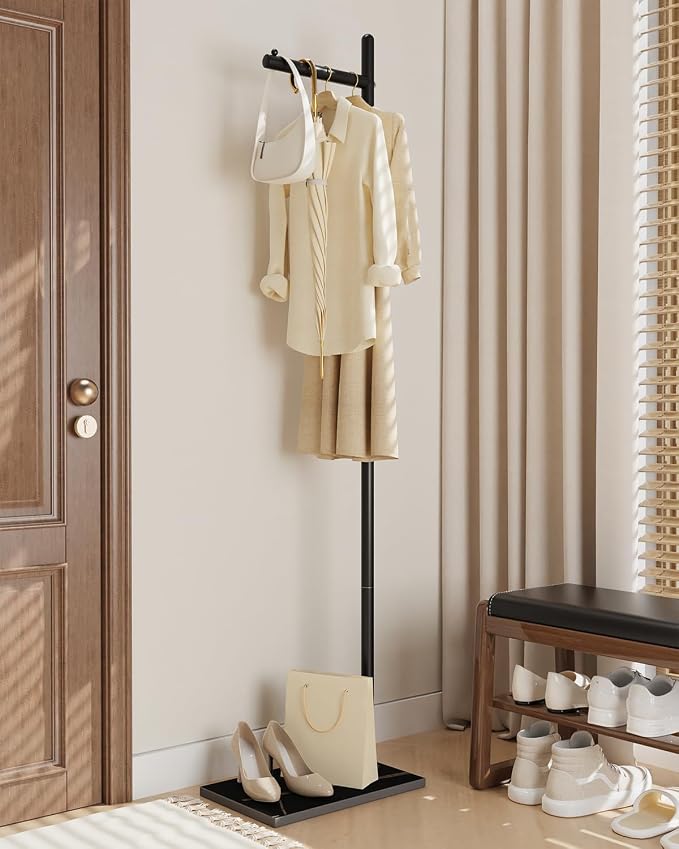 Yawinhe Metal Coat Racks with Square Base,L-Shaped Clothes Stand,Black | Freestanding Hall Tree for Bedroom;Clothes Hanger Stand Suitable for Entryway; Stable Clothing Rack for Hallway