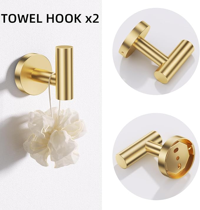 TURS Brushed Gold 5 Piece Bathroom Hardware Set, SUS304 Stainless Steel Bath Towel Bar Set, Bathroom Towel Rack Set Wall Mounted