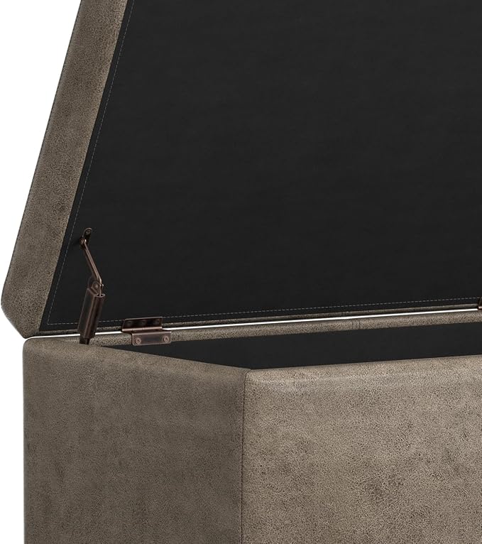 SIMPLIHOME Avalon Storage Ottoman Bench - 48" Wide x 16" High Upholstered Vegan Leather Rectangular Lift-Top Ottoman in Distressed Smoky Grey Brown, Transitional Storage Bench with High-Density Foam