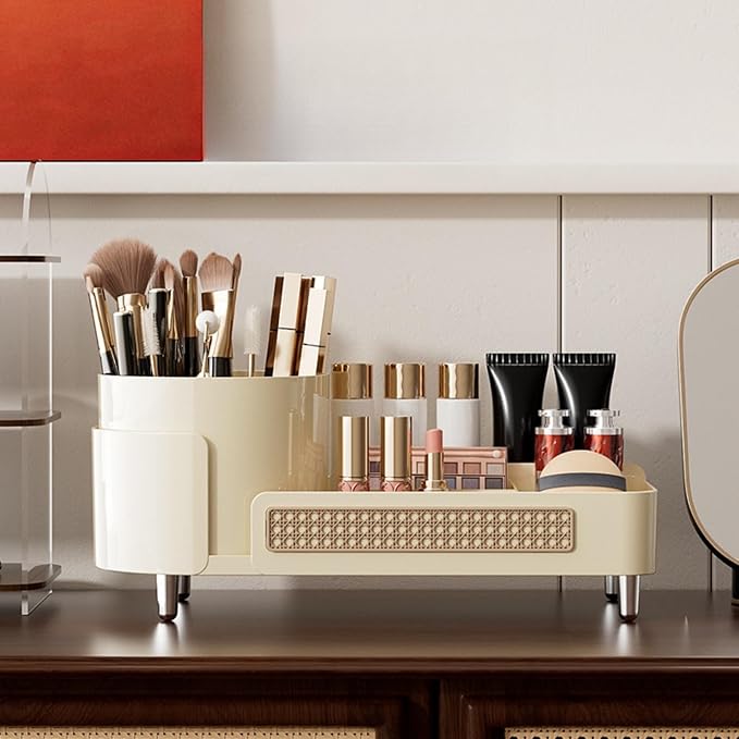 Booklov Rotating Makeup Organizer for Vanity Countertop, Cream | Plastic Cosmetic Display Case, Large Beauty Brush Holder for Bathroom Counter, Skin Care Perfumes Storage