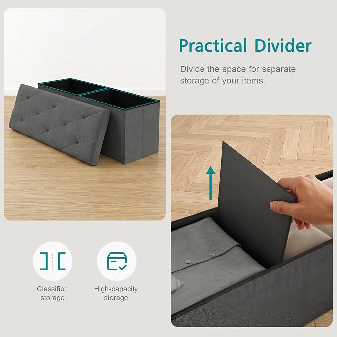 VECELO 43'' Folding Storage Ottoman Bench, Storage Chest, Linen Fabric Foot Rest Stool, 158L Storage Footstools for Bedroom and Living Room, Holds up to 660 lbs, DGray