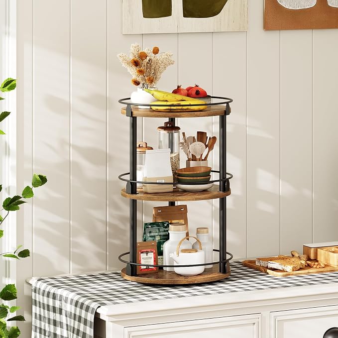 YATINEY 3-Tier Lazy Susan Organizer, Rotating Spice Rack, Spinning Organizer, Industrial Turntable Spice Rack Organizer for Cabinet, Kitchen Countertop, Pantry, Rustic Brown and Black SR23BR