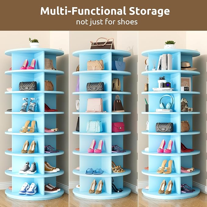 Rotating Shoe Rack 7 Tier Spinning Shoes Organizer Tower for 28-32 Pairs Lazy Susan 360 Revolving Shoe Storage Cabinet Rotate Shoe Handbag Rack Round Carousel for Closet, Bedroom (Blue)