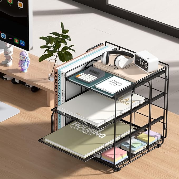 Desk Organizer, 4-Tier Metal File Organizer for Desk with Vertical File Holder, Office Accessories and Desktop Storage for Office Supplies (Black)