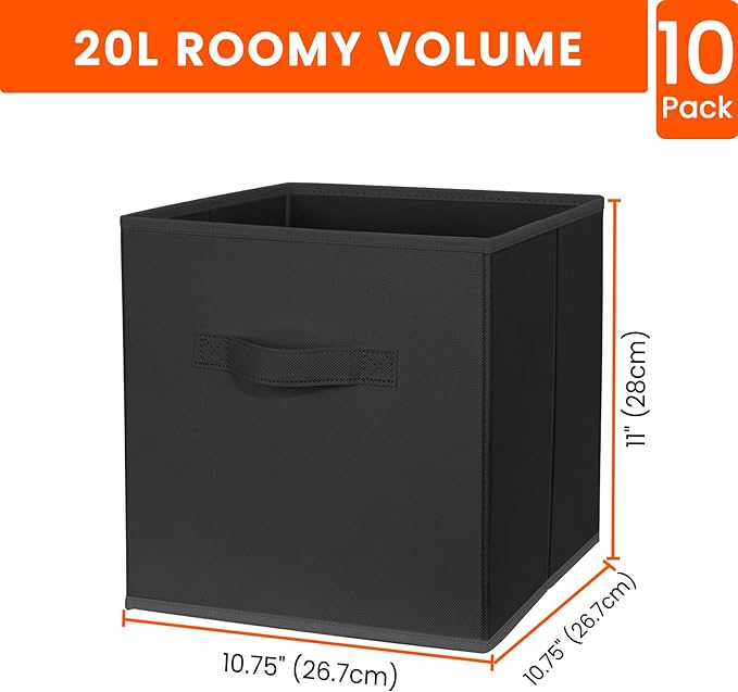 Criusia Storage Cubes, 11 Inch Clothes Storage Bins for Shelves Closet (10 Pack), Fabric Collapsible Storage Bins with Dual Handles, Cubby Storage Baskets for Magazines, Dorm Essentials (Black)
