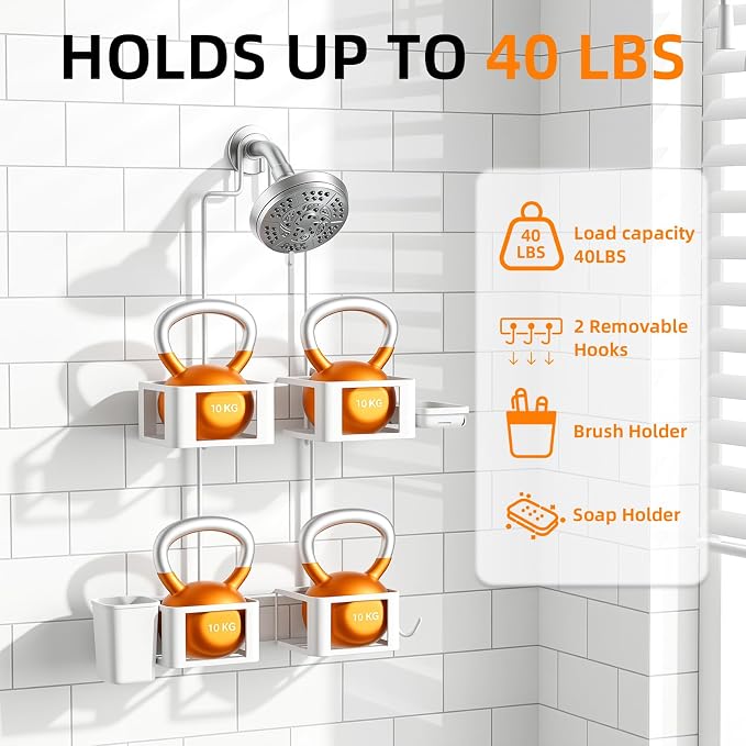 Epicano Shower Caddy for Handheld Showerheads,Stainless Steel, White | Removable Hooks,Soap Holder & Toothbrush Holder, Rustproof, Anti-Swing, Holds Razor, Sponge, Soap, Toothbrush