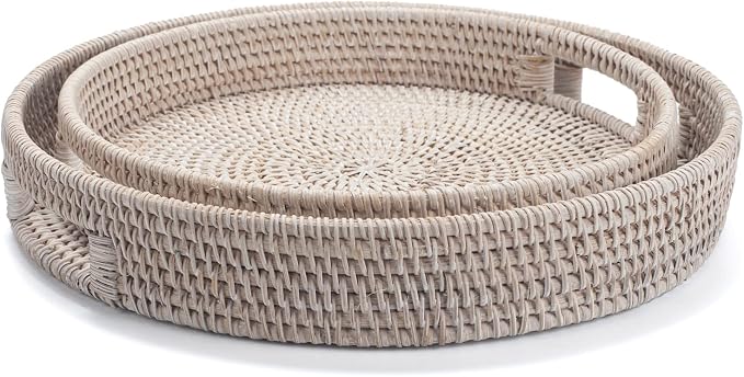 13.8 inch Round Rattan Tray, Decorative Coffee Table Tray, Ottoman Tray, Woven Serving Tray with Handles, Wicker Serving Basket, Whitewash