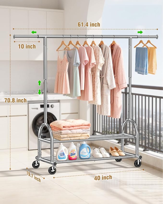 EAGMAK Heavy Duty Clothes Rack for Hanging Clothes Load 556 LBS, Height Adjustable Rolling Clothing Racks, Portable Metal Coat Rack Garment Wardrobe with Wheels and Shelves for Bedroom Laundry, Silver