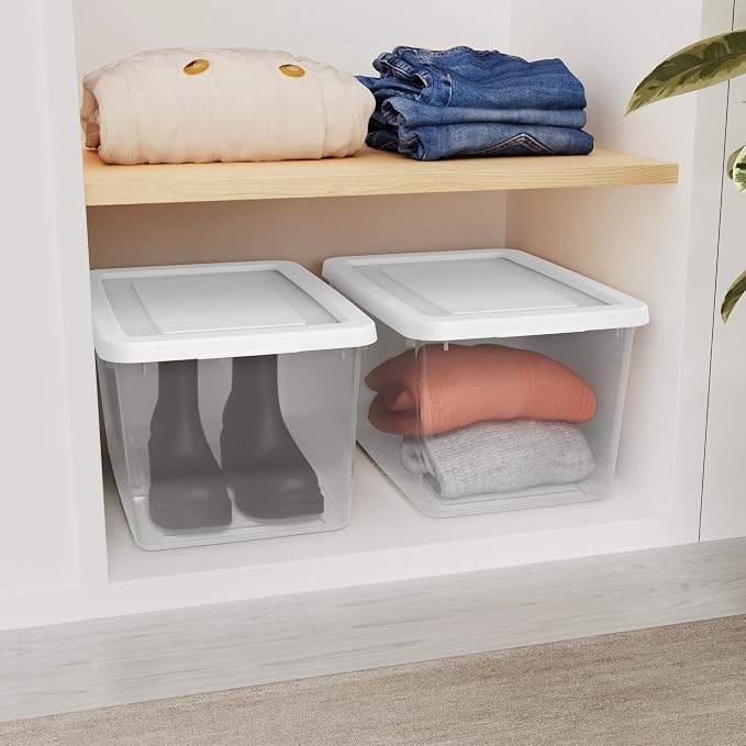 Sterilite Storage Box, Stackable Clear Plastic Bins, 20 Quart, 6-Pack | Heavy-Duty Organizing Containers with Snap-On Lids for Closet, Bathroom, and Office