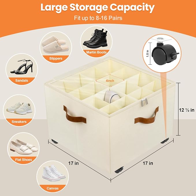 Foyego 2 Pack Shoe Organizer for Closet, Shoe Storage with Wheels, Beige | Fits 32 Pairs, with Adjustable Dividers and Clear Cover, Saving Space Foldable Fabric Closet Shoe Storage Organizer Box Bins