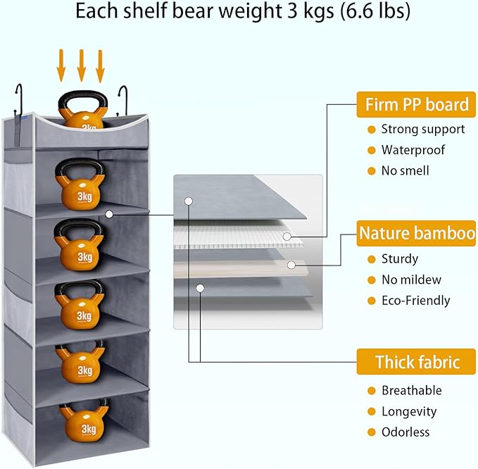 5-Shelf Hanging Closet Organizer and Storage with 6 Side Pockets, Collapsible Closet Hanging Shelves for Storage, Grey