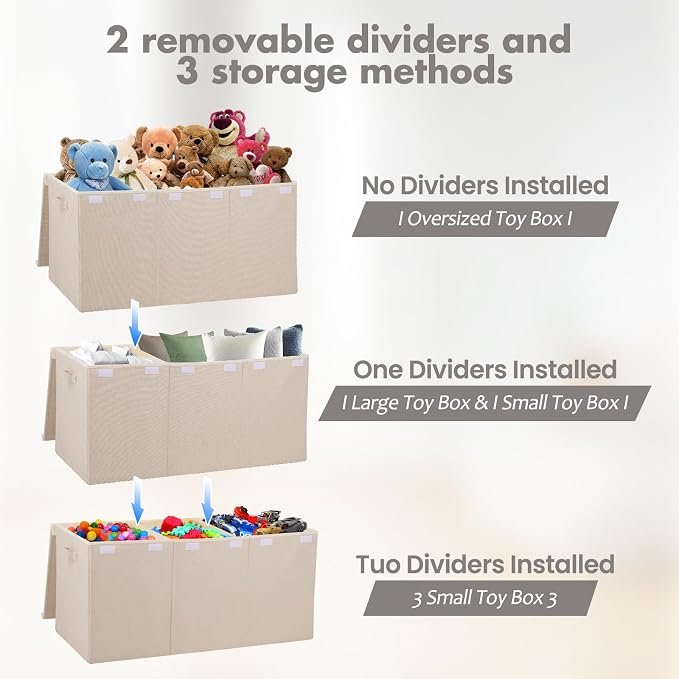167L Large Toy Box Chest Storage with Lid, Collapsible Kids Toy Storage | Toy Chest with with Removable Divider for Kids, Boys, Girls, Nursery, Living Room, Bedroom, 35.5"x17" x17" (Linen Beige)