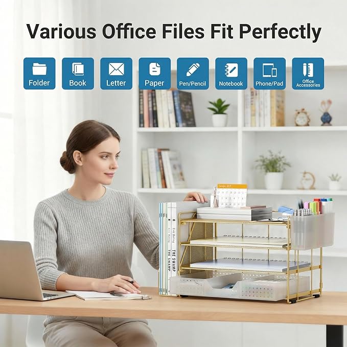 ECOLOVI Desk Organizer, 4-Tier Paper Organizer Letter Tray with File Holder, Drawer and 2 Pen Holders, Desktop File Organizer for Office Supplies, Workspace Storage, Gold