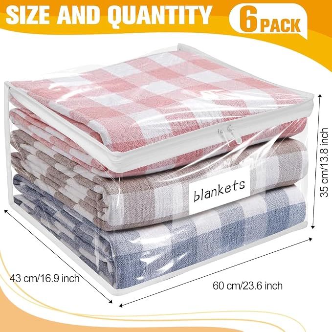 Kikerike Plastic Storage Bags with Easy-Glide Zipper, Pack of 6, Durable Clear Vinyl Zippered Storage Bags for Clothes Sweaters Comforters Blankets Sheets Bedding (23.6 x 16.9 x 13.8 Inch, White)