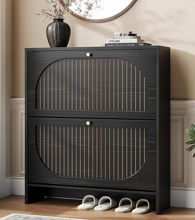 Nicetree Shoe Cabinet Storage for Entryway, Narrow Shoe Rack 2 Flip Drawers with 3-Level Adjustable Shelves, 9.5" Slim Cabinet for Small Spaces, Midnight Black Wood Storage Cabinets Fits Size 13.5