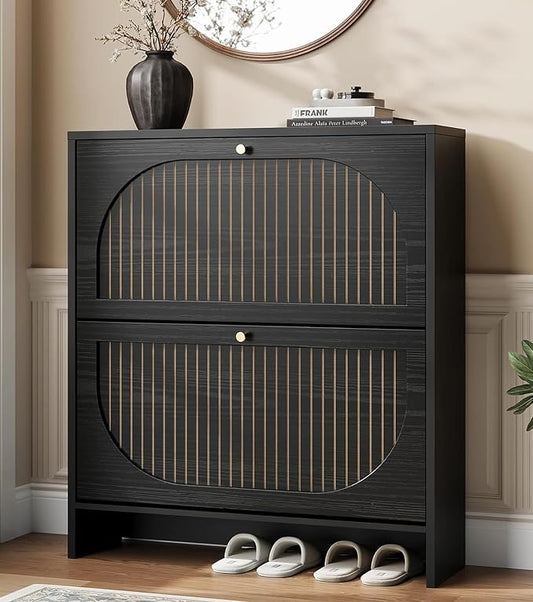 Nicetree Shoe Cabinet Storage for Entryway, Narrow Shoe Rack 2 Flip Drawers with 3-Level Adjustable Shelves, 9.5" Slim Cabinet for Small Spaces, Midnight Black Wood Storage Cabinets Fits Size 13.5