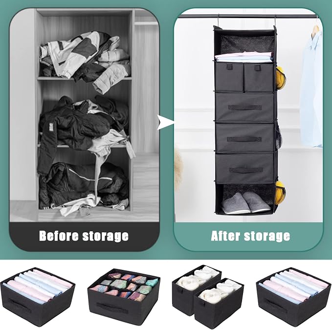6-Shelf Hanging Closet Organizer with 5 Drawers, Non-Woven Storage, Black | Spacious compartments sort clothes & undergarments; foldable drawers add hidden storage for closets, wardrobes or RVs.
