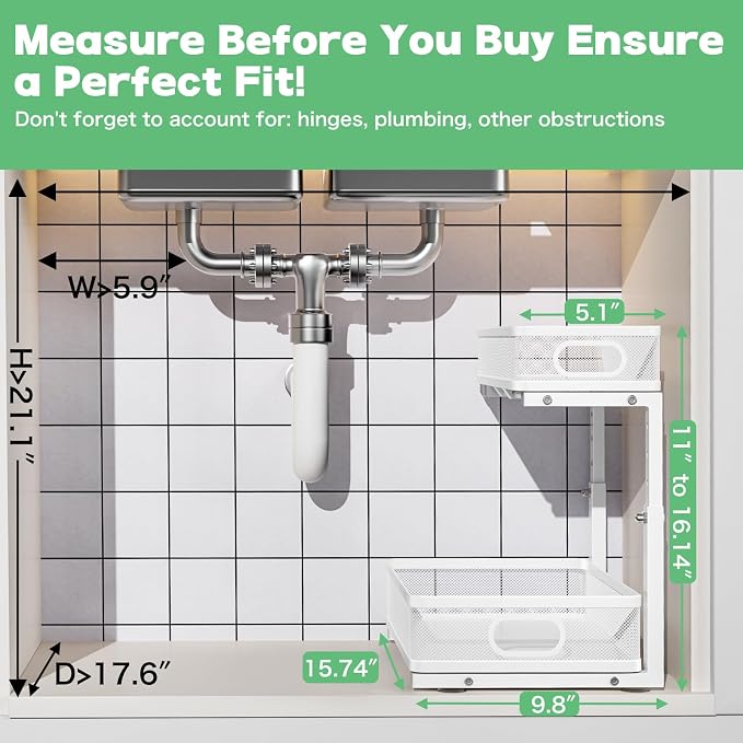 Under Sink Organizer 2 Pack, High Adjustable 2 Tier Under Sink Organizers and Storage, Slide out Metal Cabinet Organizers, Pull out Storage Drawer Shelf for Kitchen Bathroom Cabinet (White)