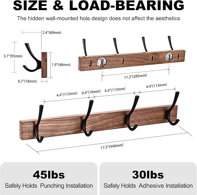 17.3" Small Walnut Wood Coat Rack Wall Mount with 4 Hooks, Heavy Duty Wooden Jacket Hanger Door Mounted for Decorative Entryway and Bathroom Hanging Towel Backpack Purse Clothes Hat Key Black