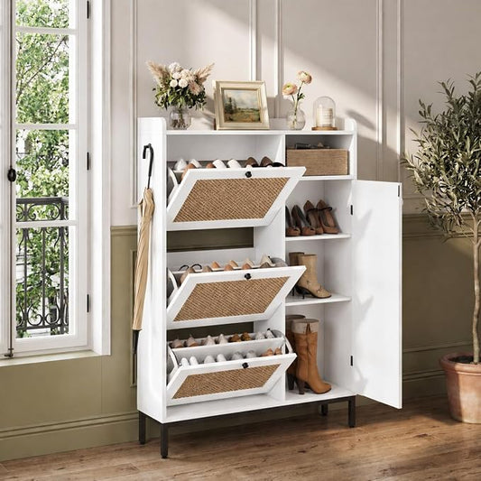 Garvee Shoe Cabinet with 3 Flip Drawers and 4-Tier Shoe Storage Cabinet, Freestanding Shoe Organizer with Adjustable Shelf and Rattan Doors for Entryway, Closet, Hallway