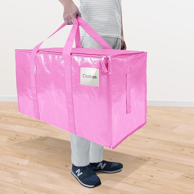 TICONN 2 Pack Extra Large Moving Bags Heavy Duty with Zippers & Carrying Handles, Durable Storage Bags Moving Boxes for Closet Organizers and Storage (2 Pack, Pink)