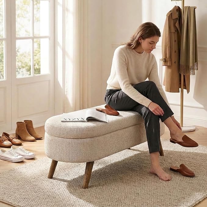 43.5” Storage Ottoman Bench，Upholstered Oval End of Bed Bench for Bedroom | Modern Linen Ottoman with Storage, Entryway Foot Rest with Wooden Legs, Lift-Top Lid with Safety Hinge, Living Room, Beige
