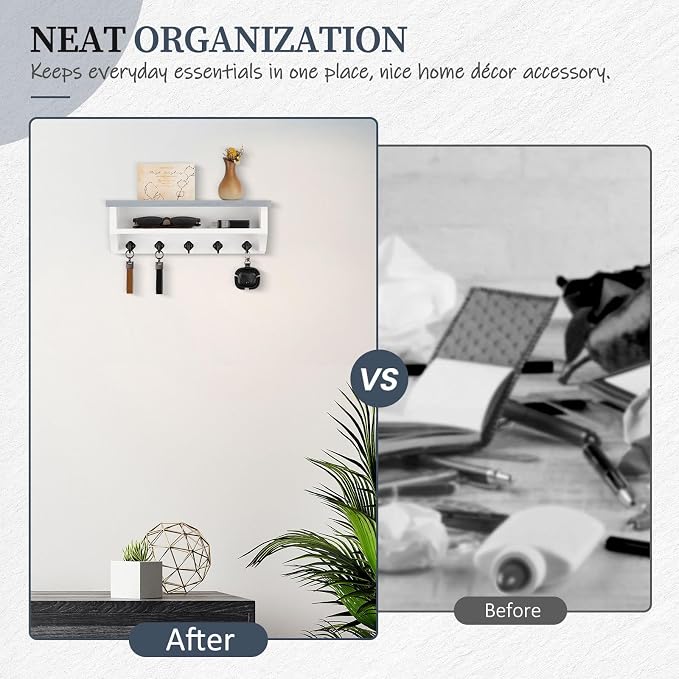 Nekon Key Holder Wall Mount, Wall Organizer Shelf with 5 Key Hooks, Room Decor for Home and Apartment Essentials, Gray and White