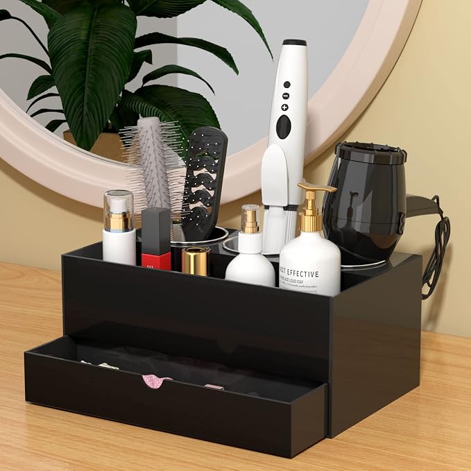NIUBEE Acrylic Hair Tool Organizer with Drawer, Hair Dryer Holder Organizer | Black, Hot Tools Organizer Countertop with 3 Cups, Hair Blow Dryer Storage for Curling Iron, Brush, Straightener, Bathroom