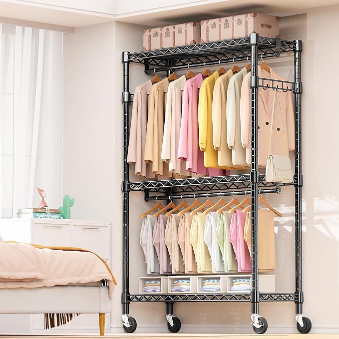 M MZG Heavy Duty Rolling Garment Rack 3 Tiers Adjustable Wire Shelving Clothes Rack with 2 Rods and Side Hooks, Storage Closet Clothing Rack with Wheels Black 17.7" D x 47.2" W x 83.6" H