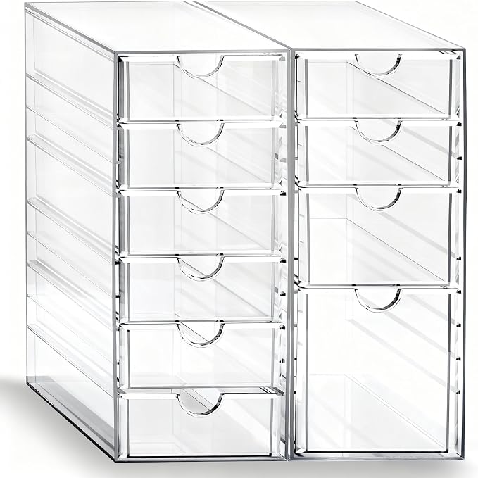 Prsildan Hair Accessories Organizer Acrylic Drawer with 10 Drawers | Clear, Craft Art Supply Storage, For Office Desk Bathroom Vanity Countertop, Set of 2