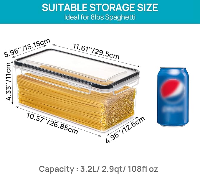 Vtopmart Pasta Storage Containers, 8 Pack, 3.2L Airtight Canisters | Horizonta Storage Design, Easy Access, Airtight BPA-Free Containers, Reusable Labels & Measuring Cups Included