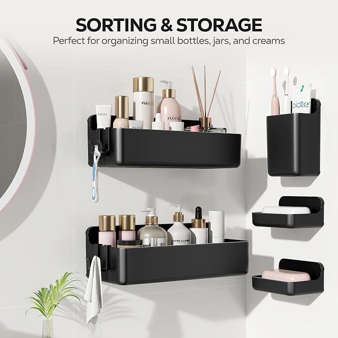 Nieifi Adhesive Shower Shelves, Black, 5 Pieces | Rustproof ABS, Large Capacity, Removable Design, Easy-Clean, No Drilling Shower Organizer for Bathroom Storage & Home Decor
