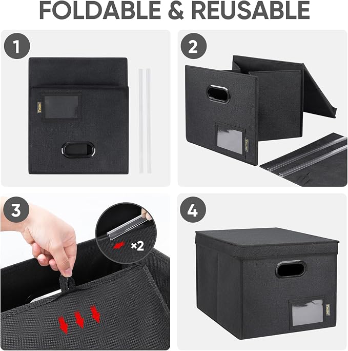 BALEINE File Organizer Box with Lid, Collapsible File Folder Organizer with Plastic Slide, Hanging File Folder Box for Office Document Storage (Tab Friendly, 2 Pack, Black)