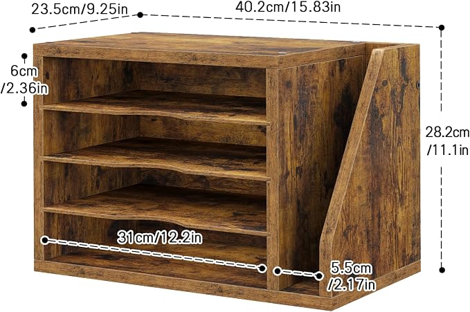Wooden Mail Organizer, Desk Organizer with 3 Adjustable Shelves | Mail Sorter, File Organizer Desktop, Mail Holder for Home Office, Letter Sorter for Envelopes, Bills, Magazines, Rustic Brown