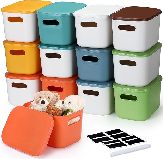 Thyle 12 Pack White Colorful Plastic Storage Bins with Lids 7 Quart Toy Storage Box Stackable Nestable Organizer Boxes with Handle and Labels for Classroom Shelf Bedroom Desktop Toys School Supplies