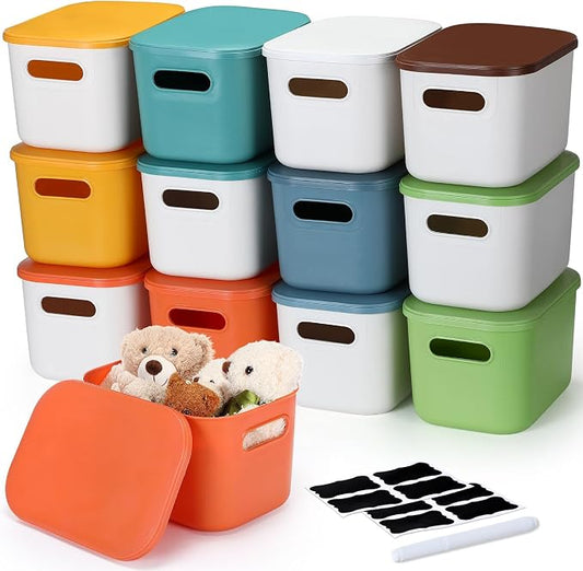 Thyle 12 Pack White Colorful Plastic Storage Bins with Lids 7 Quart Toy Storage Box Stackable Nestable Organizer Boxes with Handle and Labels for Classroom Shelf Bedroom Desktop Toys School Supplies