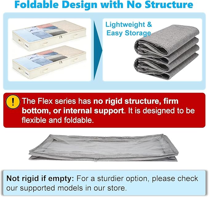 4 Inch Low Profile Under Bed Storage Drawer 2 Pack, Lightweight Underbed Clothes Storage Container Bins With NO STURCTURE, Shallow Storage Bag for Dorm & Home, With Clear Lids & Water-Resistant Fabric