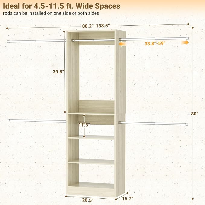 Closet System, 4.5-11.5 Ft Expandable Closet Organizer, Light Oak | 5 Hanging Rods, Walk-in Wood Closet Organizer System with Storage Tower, Heavy Duty Garment Rack Wardrobe for Bedroom